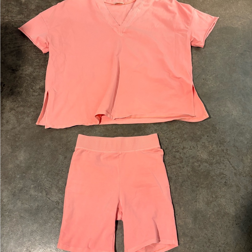 Pink V-Neck Top and Shorts Set